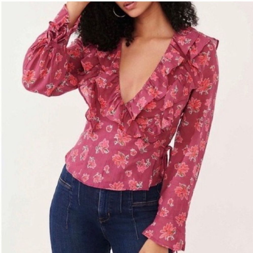 Nwt free people cottagecore floral Amanda ruffle wrap blouse pink floral print